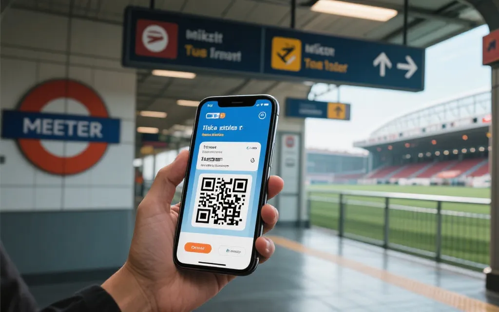 手机电子票二维码、地铁站与球场指示牌的旅行场景